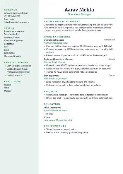 Forest Sidebar resume template — left sidebar layout, two-column, no photo, green accent