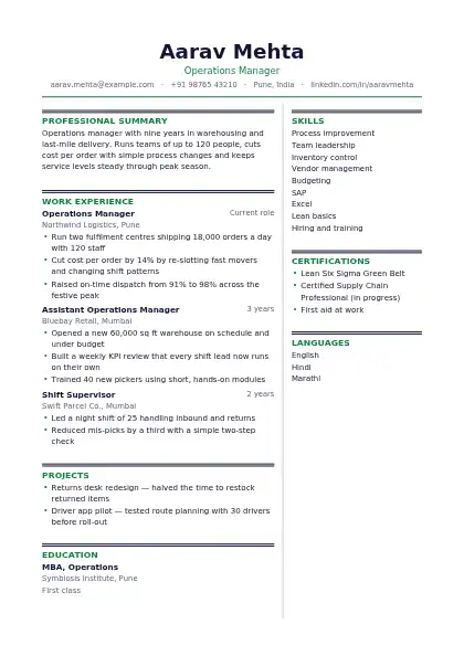 Forest Split resume template — two-column, no photo, green accent