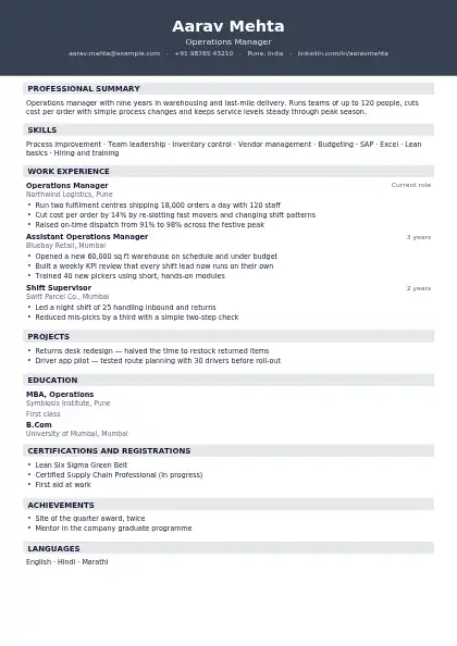 Graphite Banner resume template — top band layout, single-column, no photo, grey accent