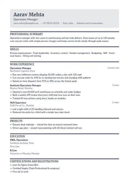 Graphite Header Box resume template — single-column, no photo, grey accent