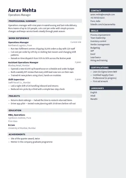 Graphite Right Panel resume template — right sidebar layout, two-column, no photo, grey accent