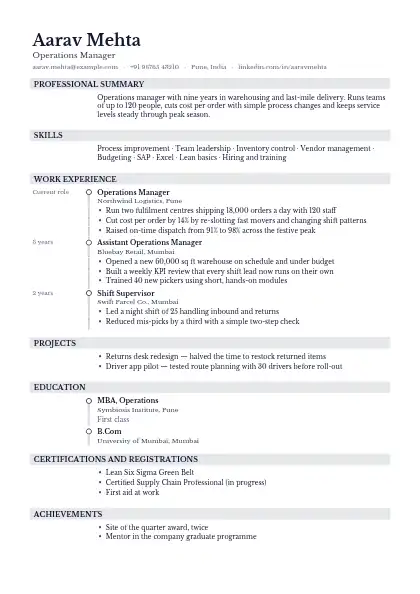 Graphite Timeline resume template — timeline layout, single-column, no photo, grey accent