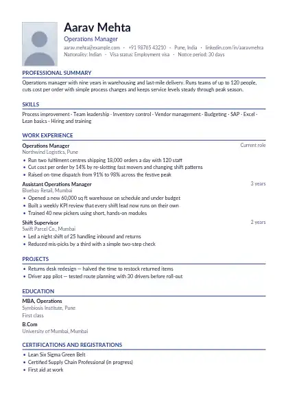 Gulf Photo Left resume template — single-column, photo, blue accent