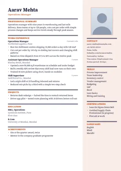 Gulf Photo Right Panel resume template — right sidebar layout, two-column, photo, orange accent