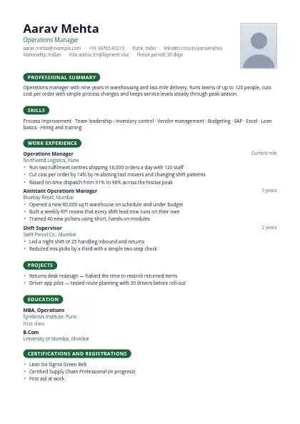 Gulf Photo Right resume template — single-column, photo, green accent