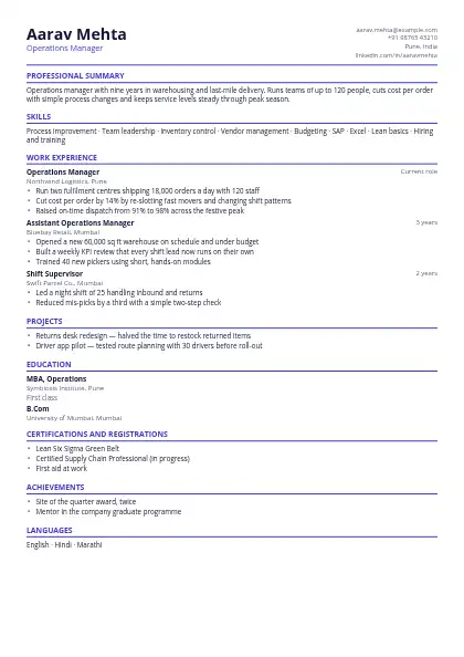 Indigo Accent One-Page resume template — compact layout, single-column, no photo, purple accent