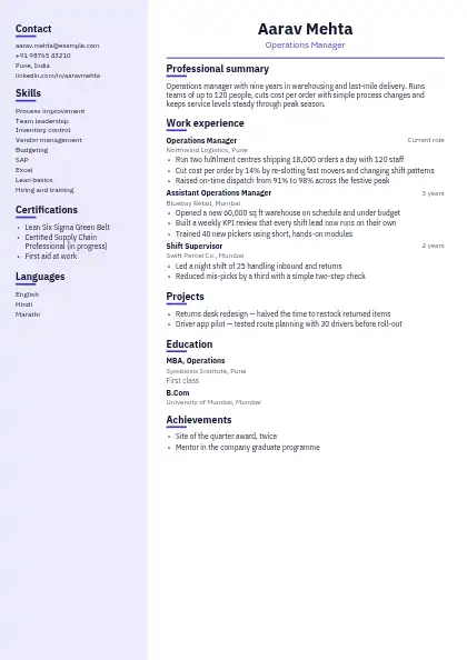 Indigo Sidebar resume template — left sidebar layout, two-column, no photo, purple accent