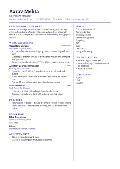 Indigo Split resume template — two-column, no photo, purple accent