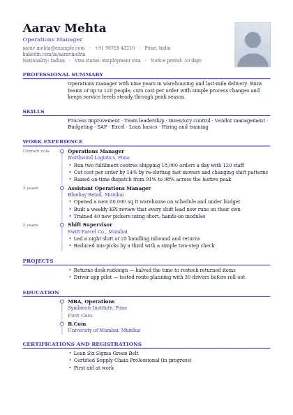 Indigo Timeline resume template — timeline layout, single-column, photo, purple accent