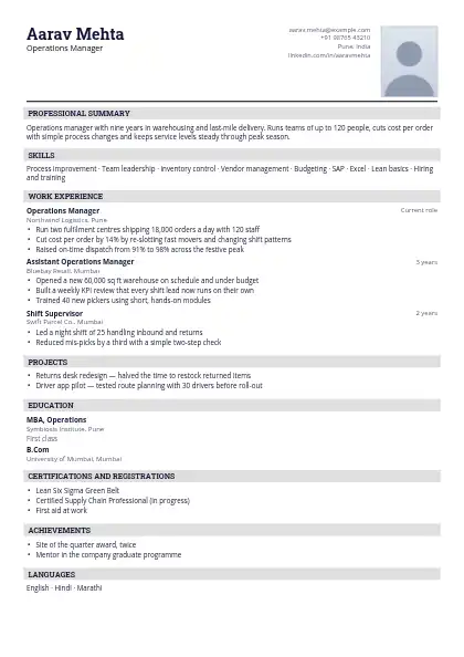 Jet Band One-Page resume template — compact layout, single-column, photo, black accent