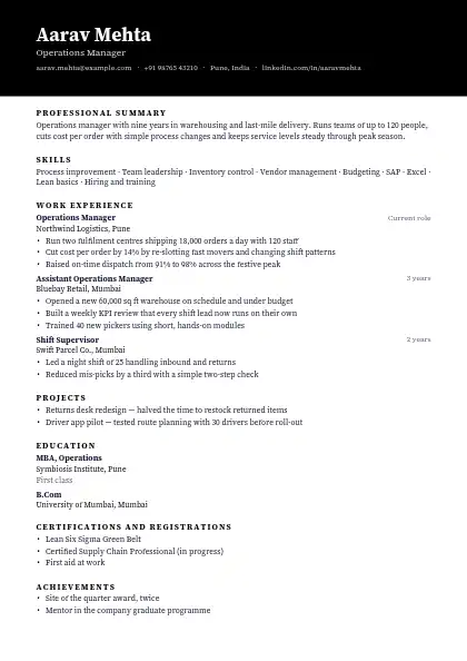 Jet Banner resume template — top band layout, single-column, no photo, black accent