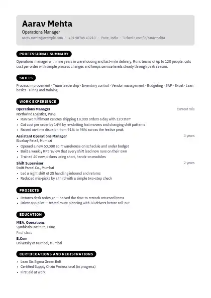 Jet Header Box resume template — single-column, no photo, black accent