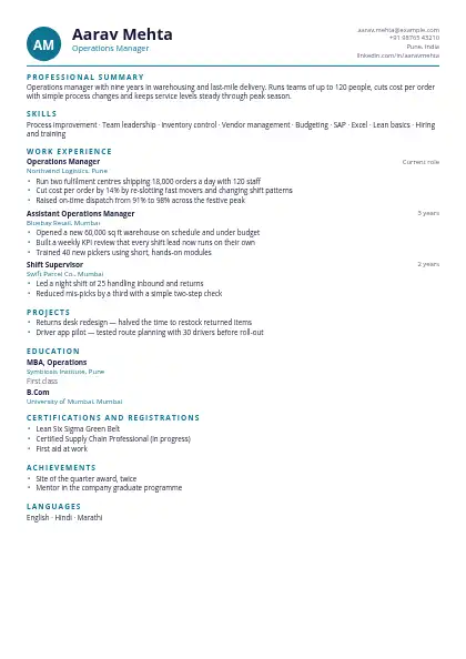 Lagoon Capitals One-Page resume template — compact layout, single-column, no photo, teal accent