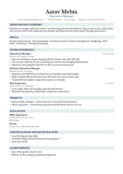 Lagoon Centred Band resume template — single-column, no photo, teal accent