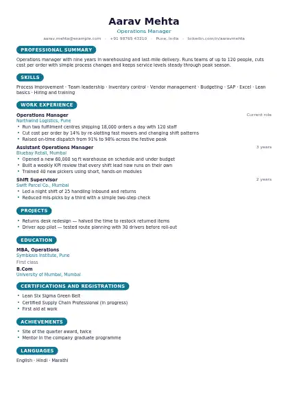 Lagoon Centred Pill resume template — single-column, no photo, teal accent