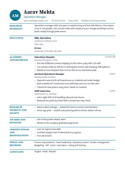 Lagoon Monogram resume template — academic layout, single-column, no photo, teal accent
