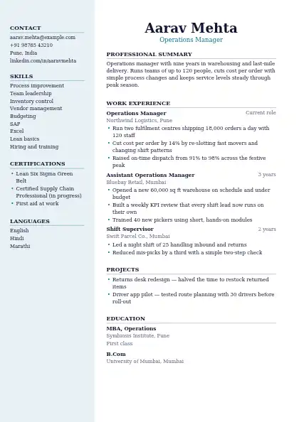 Lagoon Sidebar resume template — left sidebar layout, two-column, no photo, teal accent