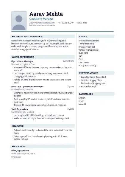 Lagoon Split resume template — two-column, photo, teal accent