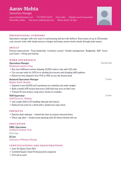 Magenta Banner resume template — top band layout, single-column, photo, pink accent