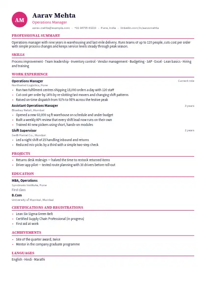 Magenta Classic resume template — single-column, no photo, pink accent
