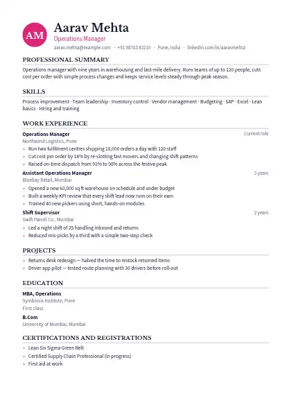 Magenta Monogram resume template — single-column, no photo, pink accent