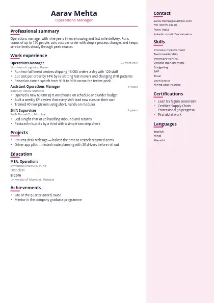 Magenta Right Panel resume template — right sidebar layout, two-column, no photo, pink accent