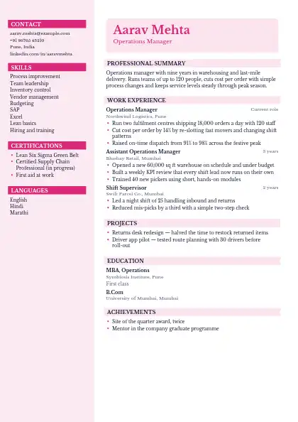 Magenta Sidebar resume template — left sidebar layout, two-column, no photo, pink accent