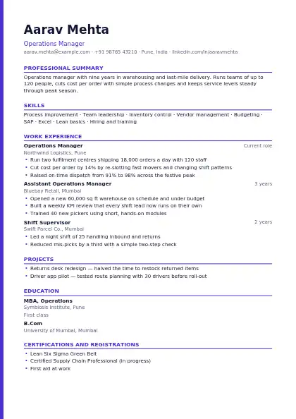 Modern resume template — single-column, no photo, purple accent