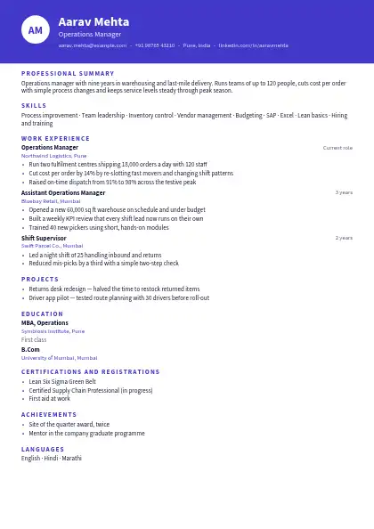 Monogram Banner resume template — top band layout, single-column, no photo, purple accent