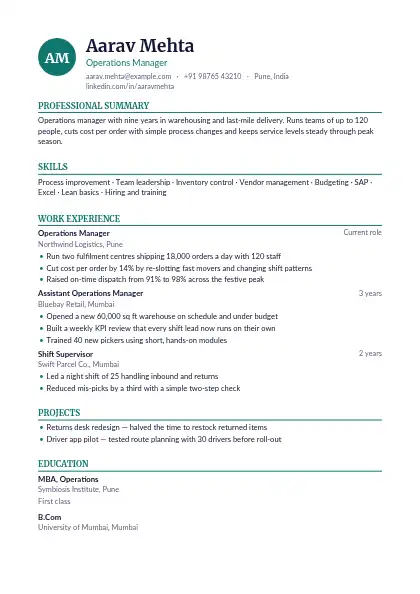 Monogram Classic resume template — single-column, no photo, teal accent