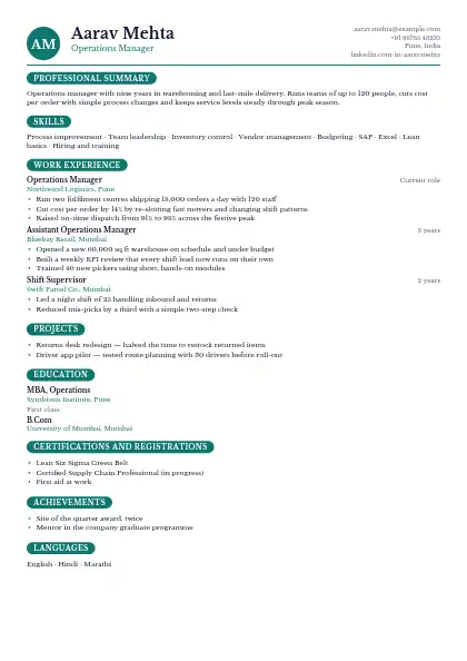 Monogram Compact resume template — compact layout, single-column, no photo, teal accent