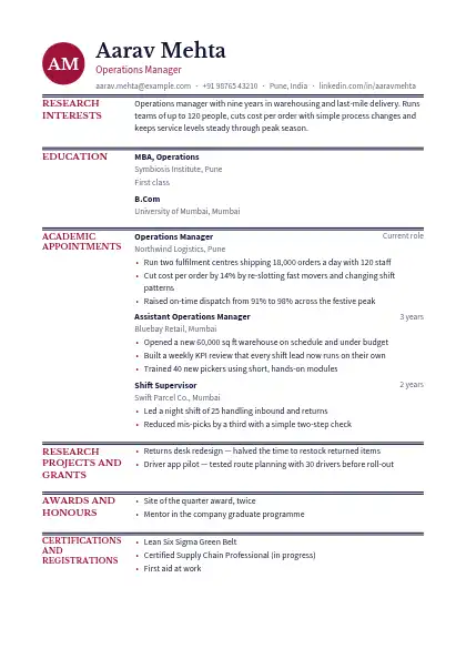 Monogram Scholar resume template — academic layout, single-column, no photo, red accent