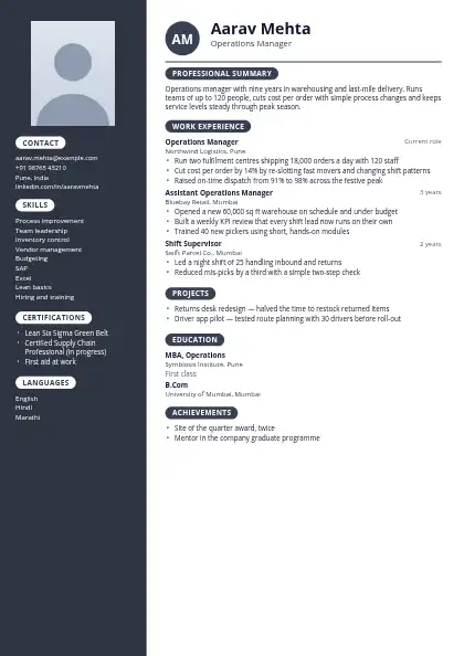 Monogram Sidebar resume template — left sidebar layout, two-column, photo, grey accent