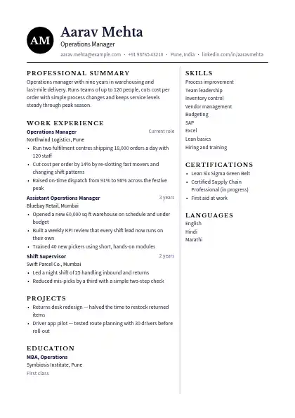 Monogram Split resume template — two-column, no photo, black accent