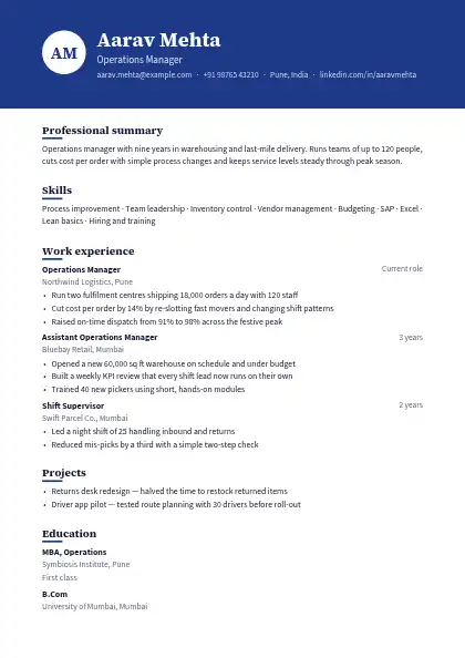Navy Banner resume template — top band layout, single-column, no photo, blue accent