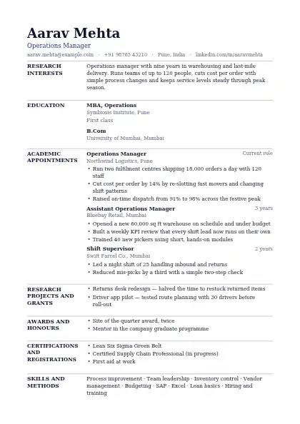 Navy Faculty resume template — academic layout, single-column, no photo, blue accent