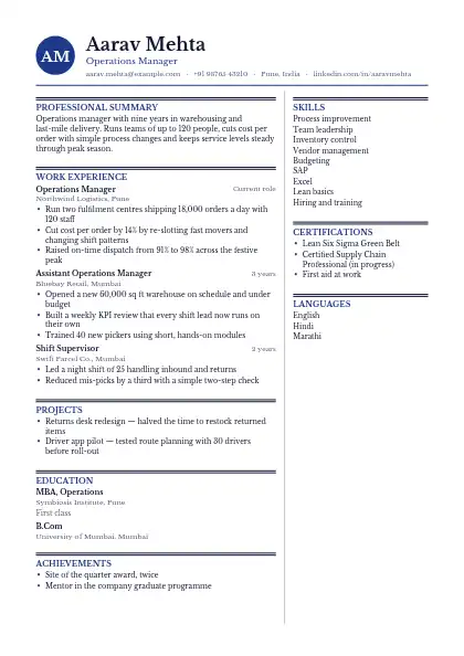 Navy Monogram resume template — two-column, no photo, blue accent
