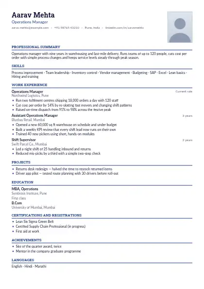Navy Photo Right resume template — single-column, photo, blue accent