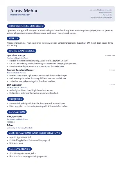 Navy Pill One-Page resume template — compact layout, single-column, no photo, blue accent