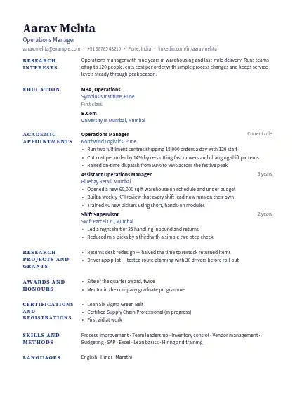 Navy Scholar resume template — academic layout, single-column, no photo, blue accent