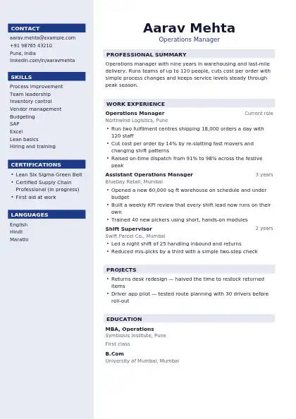 Navy Sidebar resume template — left sidebar layout, two-column, no photo, blue accent