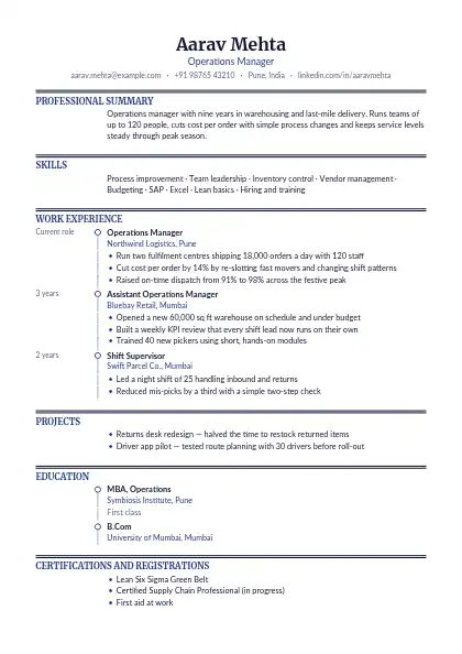 Navy Timeline resume template — timeline layout, single-column, no photo, blue accent