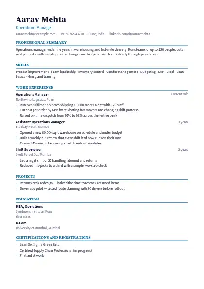 Ocean Accent resume template — single-column, no photo, blue accent