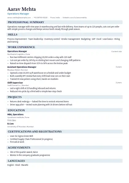 Ocean Band resume template — single-column, no photo, blue accent
