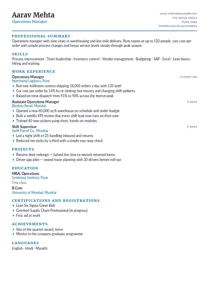 Ocean Capitals One-Page resume template — compact layout, single-column, no photo, blue accent
