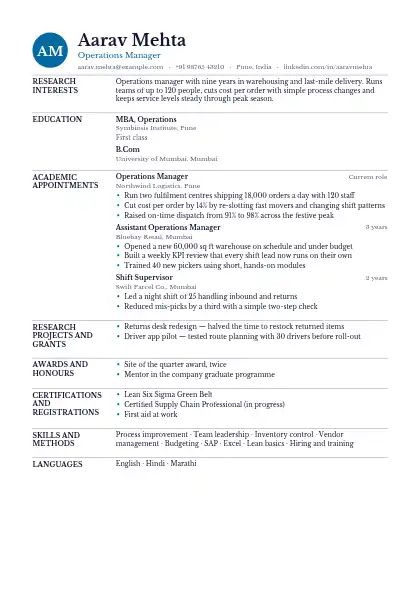 Ocean Monogram resume template — academic layout, single-column, no photo, blue accent
