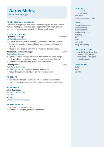 Ocean Right Panel resume template — right sidebar layout, two-column, no photo, blue accent