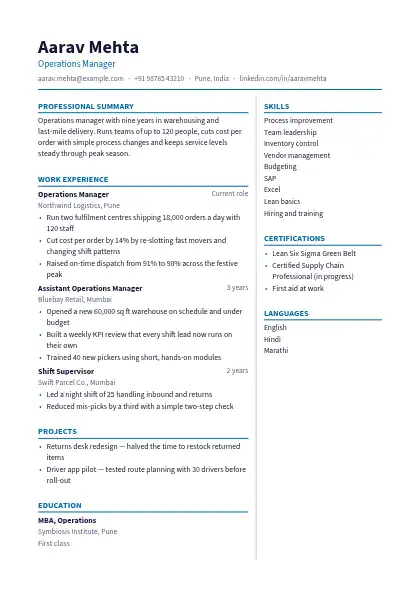 Ocean Split resume template — two-column, no photo, blue accent