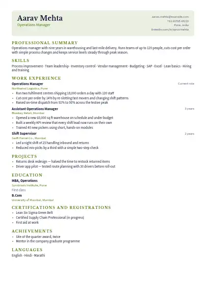 Olive Capitals One-Page resume template — compact layout, single-column, no photo, green accent