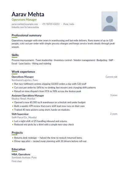 Olive Photo Right resume template — single-column, photo, green accent